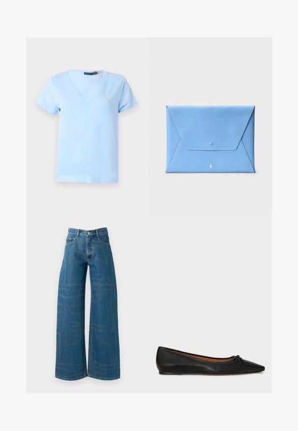 Camiseta de manga corta azul claro con cuello en V y pequeño logo bordado en amarillo de Polo Ralph Lauren en el pecho izquierdo.; Vaqueros de pierna ancha en denim azul medio con patrones de costura en contraste y múltiples diseños de bolsillos. Cintura alta con cierre de botón.; Bailarina de cuero negro con punta afilada, silueta delgada y un pequeño lazo en la parte frontal. Textura lisa y diseño minimalista.; Bolso de mano tipo sobre de cuero azul con superficie texturizada, solapa puntiaguda, cierre de presión y pequeño logo blanco en el centro inferior.