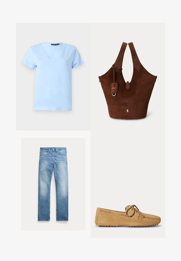 T-shirt bleu clair à manches courtes et col en V avec un petit logo Polo Ralph Lauren jaune brodé sur le côté gauche de la poitrine.; Jean denim bleu clair à coupe droite, légèrement délavé, design cinq poches avec étiquette visible de la marque Polo sur la ceinture.; Mocassin en daim marron clair avec bout arrondi, lacet en cuir noué en nœud et semelle en caoutchouc à picots pour une meilleure adhérence.; Sac fourre-tout en daim marron avec larges poignées, fermeture à bouton sur le devant et petit logo Polo Ralph Lauren près du centre en bas.