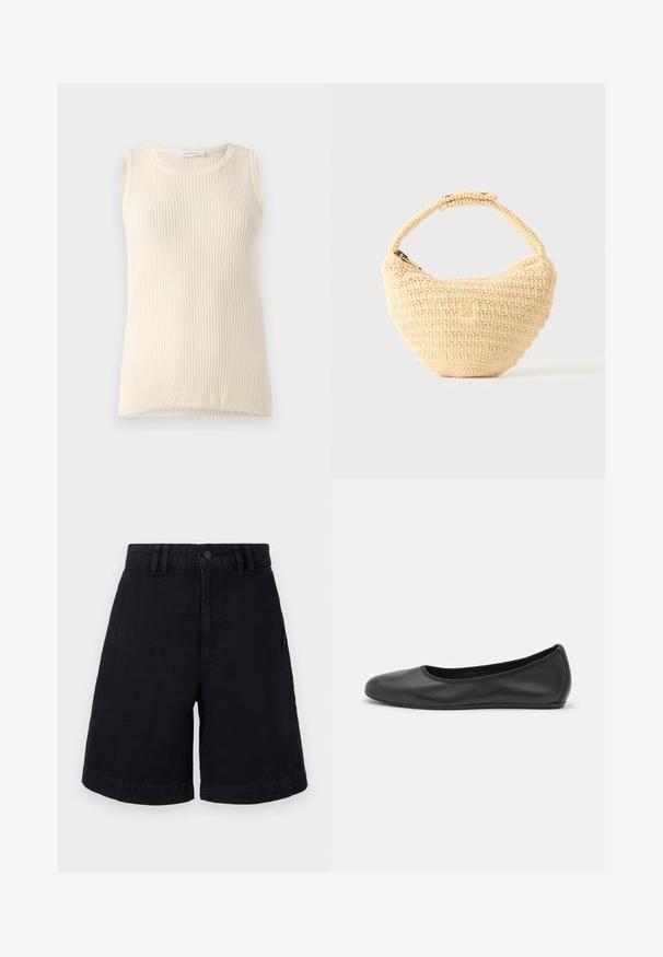 Haut sans manches crème avec une texture côtelée et un col rond. Le tissu semble doux, avec une coupe ajustée et sans motifs ni accents visibles.; Shorts en denim noir à coupe droite, avec une fermeture à bouton, des passants de ceinture et des ourlets roulés. Texture lisse avec des détails de couture subtils.; Ballerines en cuir noir avec un bout rond, texture lisse, détails de couture minimalistes et design de semelle flexible.; Sac à main beige tissé avec corps arrondi, fermeture éclair et une sangle courte et épaisse dans un style crochet simple et texturé.