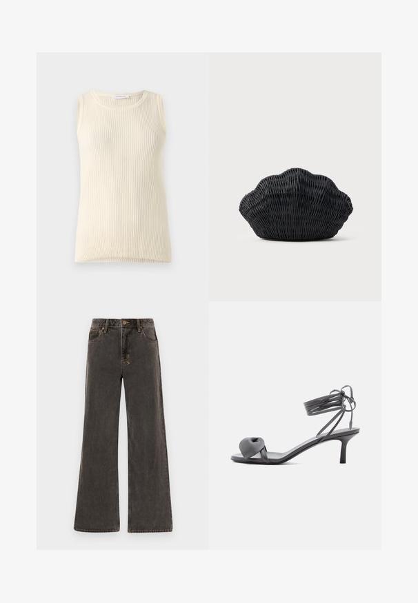 Ärmelloses cremefarbenes Top mit geripptem Muster und Rundhalsausschnitt. Der Stoff wirkt weich, hat eine figurbetonte Form und keine sichtbaren Muster oder Akzente.; Weite Jeans aus dunkelgrauem Denim. Mit hoher Taille, fünf Taschen und kontrastierenden goldenen Nähten. Dezente Abnutzung sorgt für ein strukturiertes Erscheinungsbild.; Graue Leder-Pumps mit Absatz, verknotetem Riemen über den Zehen und Wickelriemen um den Knöchel auf schlankem, mittelhohem Absatz vor weißem Hintergrund.; Schwarze Korbtasche in Muschelform mit gebogenem Oberteil und gewebter Textur auf einfarbigem Hintergrund.