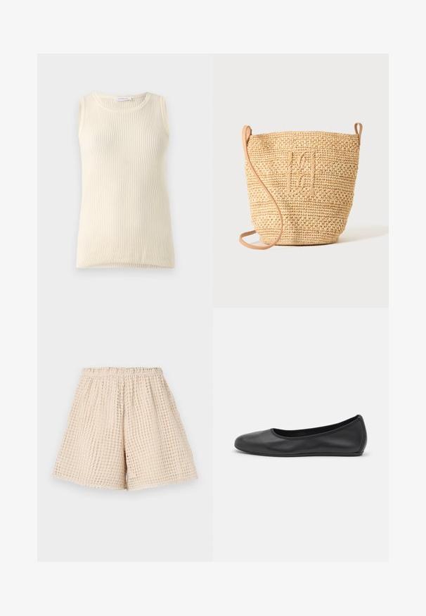 Ärmløs cremefarvet top med ribbet tekstur og rund halsudskæring. Stoffet ser blødt ud, med en tætsiddende form og ingen synlige mønstre eller accenter.; Beige shorts med et tekstureret, vaffelmønster. Elastisk talje og løs pasform. Længde til midten af låret. Letvægtsmateriale.; Sort læderballetsko med rund tå, glat tekstur, minimal syning og et fleksibelt såldesign.; Vævet stråbuckettaske med struktureret mønster og læderrem, vist oprejst på en ensfarvet lys baggrund.