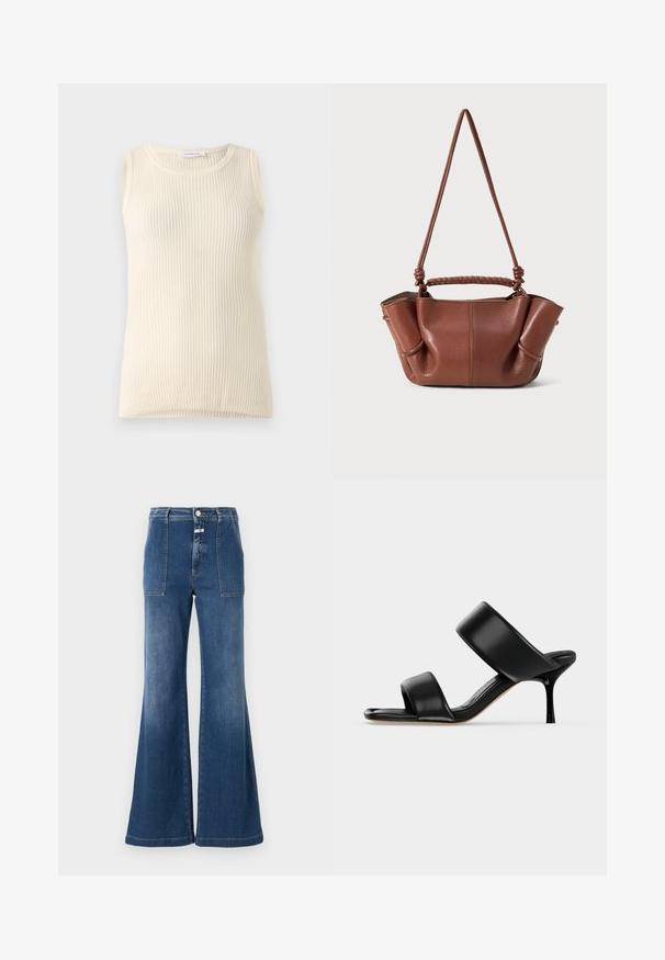 Top sin mangas de color crema con textura acanalada y escote redondo. La tela parece suave, con un corte ajustado y sin patrones o acentos visibles.; Jeans acampanados de tiro alto en denim azul medio con un acabado desgastado. Cuenta con bolsillos de parche y cierre de botón. Dobladillo limpio.; Sandalia mule de cuero negro con dos tiras anchas y un tacón de aguja delgado de altura media sobre un fondo claro y sencillo.; Bolso de mano de cuero marrón con un asa trenzada y una correa para el hombro ajustable. Presenta lados suavemente plegados y acentos de costura visibles.
