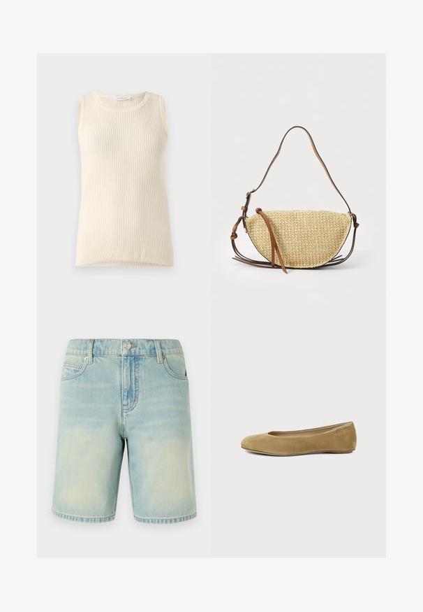 Ärmelloses cremefarbenes Top mit geripptem Muster und Rundhalsausschnitt. Der Stoff wirkt weich, hat eine figurbetonte Form und keine sichtbaren Muster oder Akzente.; Hellblaue Denim-Shorts mit einem verblassten Finish, ausgestattet mit einem Fünf-Taschen-Design, sichtbaren Nähten und einem Metallknopfverschluss am Bund.; Ein einzelner hellbrauner Wildleder-Ballettschuh mit abgerundeter Spitze und niedrigem Absatz, von der Seite auf weißem Hintergrund gezeigt.; Geflochtene Strohtasche in Halbmondform, mit einem braunen Ledertrageriemen und Akzenten. Strukturierte, natürliche Farbe mit glatten Kanten.