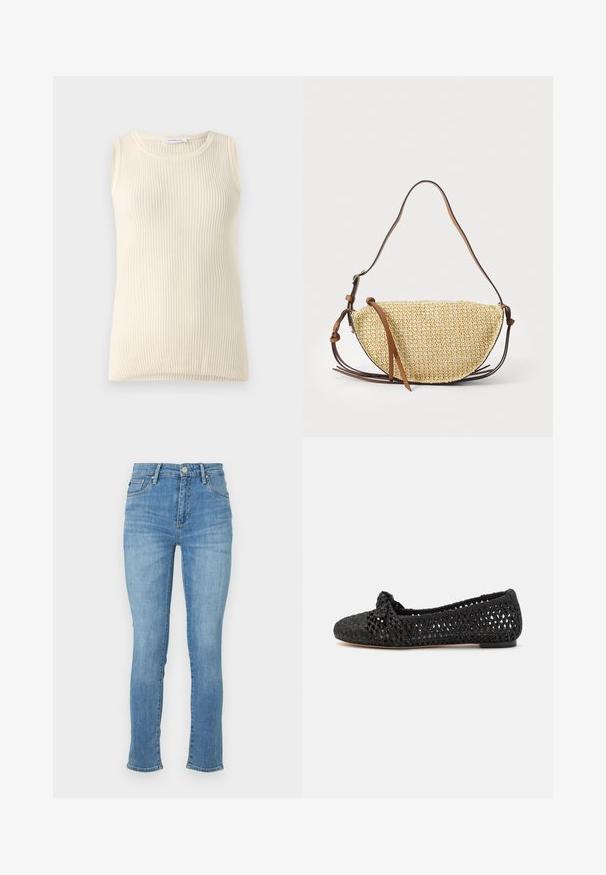Ärmelloses cremefarbenes Top mit geripptem Muster und Rundhalsausschnitt. Der Stoff wirkt weich, hat eine figurbetonte Form und keine sichtbaren Muster oder Akzente.; Hellblaue Denim-Jeans mit schlanker Passform, mittelhohem Bund, Fünf-Taschen-Design und dezenten Ausbleichungen an den Oberschenkeln, mit gestickten Akzenten.; Schwarzer flacher Schuh mit gewebtem Textiloberteil, das eine geknotete Akzentuierung an der Zehe aufweist. Glatte Sohle, runde Zehenform und offenes Gewebedesign.; Geflochtene Strohtasche in Halbmondform, mit einem braunen Ledertrageriemen und Akzenten. Strukturierte, natürliche Farbe mit glatten Kanten.