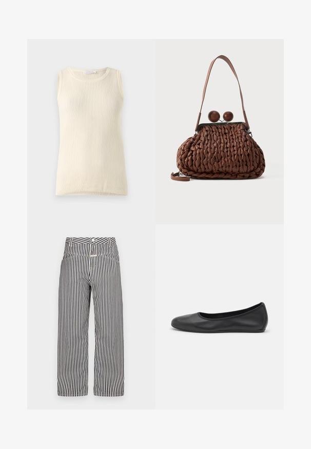 Ärmløs cremefarvet top med ribbet tekstur og rund halsudskæring. Stoffet ser blødt ud, med en tætsiddende form og ingen synlige mønstre eller accenter.; Bredde ben bukser med striber i navy og hvid. Har en knaplukning, frontlommer og et glat, let stof.; Sort læderballetsko med rund tå, glat tekstur, minimal syning og et fleksibelt såldesign.; Brun flettet læderhåndtaske med en enkelt strop og to store runde trælukninger på toppen.
