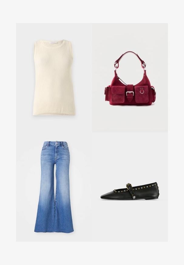 Ärmløs cremefarvet top med ribbet tekstur og rund halsudskæring. Stoffet ser blødt ud, med en tætsiddende form og ingen synlige mønstre eller accenter.; Bukser i flared denim i lys blå vask, med høj talje, karakteristiske brede ben og en let falmning mod kanten. Knap- og lynlås-lukning.; Sort, spids flad sko med rem, guld- og sølvnitter langs kanten og et dekorativt metalspænde på lys baggrund.; Lille burgunderrød ruskinds håndtaske med kort håndtag, spænde foran, to lommer med klapper foran og sidelommer med spænder.
