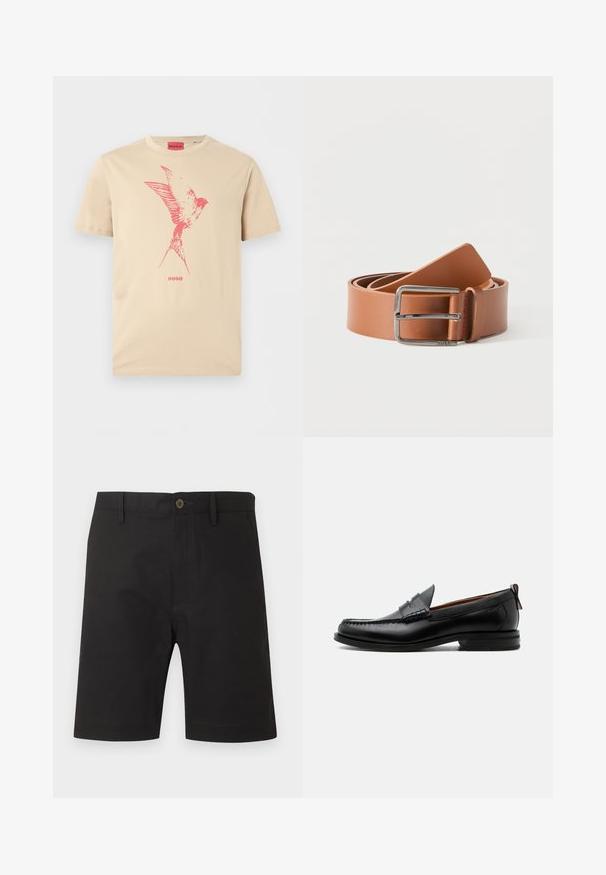 T-shirt beige à manches courtes avec un motif d'oiseau rouge sur la poitrine et "HUGO" imprimé sous l'oiseau.; Shorts noirs longueur genou avec bouton et fermeture éclair à l'avant, passants pour ceinture et poches latérales, présentés sur un fond clair uni.; Mocassin homme en cuir noir avec couture moc toe, bride penny, col texturé et petit talon empilé sur fond blanc.; Ceinture en cuir marron clair enroulée avec une boucle métallique rectangulaire argentée brillante sur fond blanc.