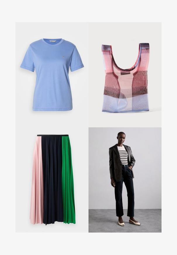 Lyseblå t-shirt med korte ærmer i blød bomuld med rund halsudskæring og et lille broderet logo på brystet. Ensfarvet tekstur, afslappet pasform.; Plisseret nederdel med paneler i pink, navy og grøn. Fremstillet af blødt stof med elastisk talje for en behagelig pasform.; GIABORGHINI VERA - Ballerina peep-toe - cream; Genanvendelig indkøbspose med brede håndtag i gennemsigtige lyserøde, brune og blå farveblokke, stående oprejst på en ensfarvet hvid baggrund.