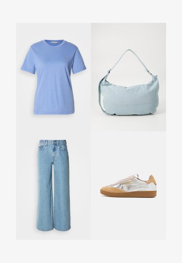 Lichtblauw T-shirt met korte mouwen van zacht katoen, voorzien van een ronde hals en een klein geborduurd logo op de borst. Effen textuur, casual pasvorm.; Lichtblauwe wijde jeans van denim, met een hoge taille, vijf pockets en subtiele vervaging langs de stof.; Zilveren en tan suède sneakers met een gestructureerde rubberen zool, beige veters en een gele logo-print aan de zijkant.; Lichtblauwe denim schoudertas met een ronde vorm, verstelbare schouderband en subtiele stiksels langs de onderrand. Zachte textuur.