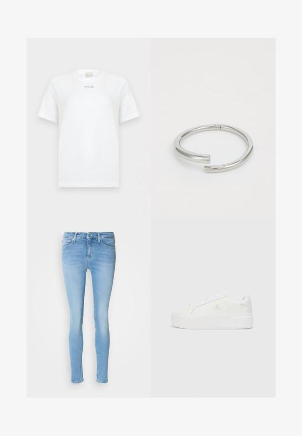 Camiseta blanca de manga corta con cuello redondo y pequeño logo negro "Calvin Klein" centrado en el pecho, sobre fondo liso.; Jeans ajustados de color azul claro hechos de denim con una cintura de altura media, que cuentan con bolsillos frontales, trabillas para cinturón y una textura suave.; Zapatillas de plataforma blancas con parte superior de cuero suave, punta redondeada, cordones blancos y un sutil detalle de logotipo en el lateral. Suela de goma plana.; Calvin Klein SPIRAL - Pulsera - silver-coloured