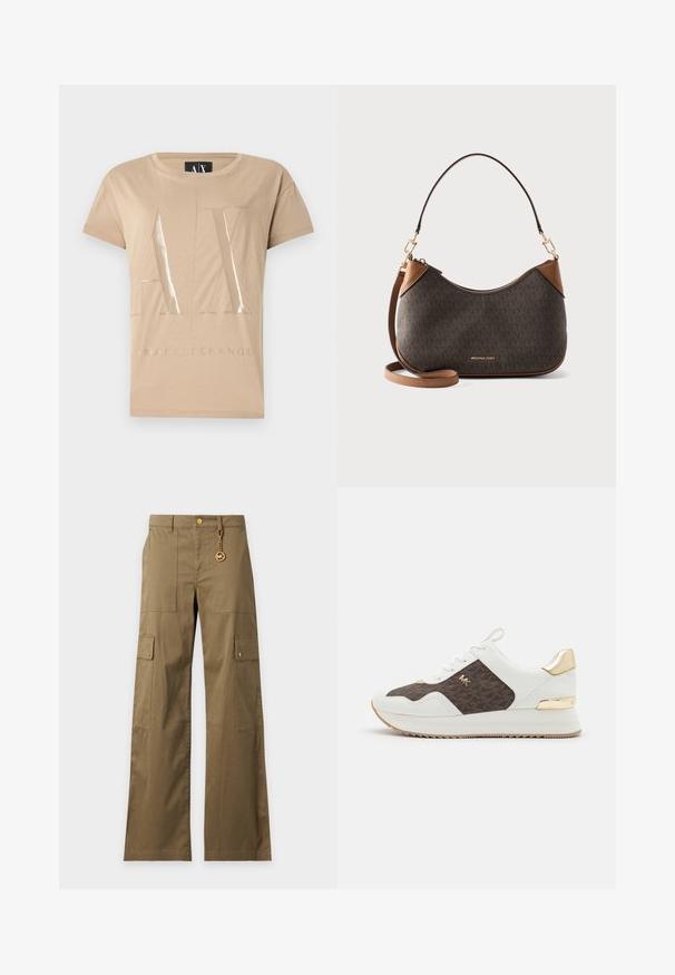 Beige T-shirt met korte mouwen, voorzien van glanzende grote letters "A|X" en de tekst "Armani Exchange" daaronder aan de voorkant.; Khakikleurige cargobroek met wijde pijpen, voorste opgestikte zakken, zijflappen met knopen en een gouden sleutelhanger die aan de tailleband hangt.; Witte sneakers met bruine patroonstofpanelen, gouden hardwareaccenten, ronde neus, vetersluiting en gestructureerde rubberen zool.; Bruine Michael Kors schoudertas met goudkleurig logo, gebogen bovenrits en verstelbare band tegen een effen witte achtergrond.