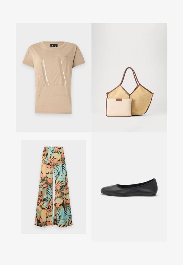 T-shirt beige à manches courtes avec de grandes lettres brillantes "A|X" et le texte "Armani Exchange" en dessous, sur le devant.; Pantalon à jambes larges avec imprimé de feuilles tropicales en aqua, orange, olive, beige et noir sur un tissu léger.; Ballerines en cuir noir avec un bout rond, texture lisse, détails de couture minimalistes et design de semelle flexible.; Sac fourre-tout tissé beige avec garniture marron et anses, accompagné d'une petite pochette beige avec bords marron et fermeture éclair.