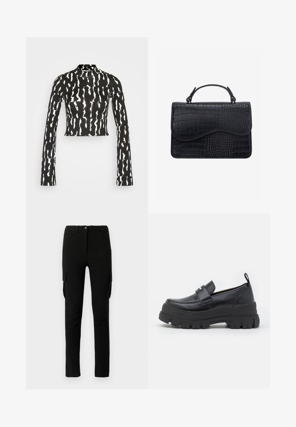 Monki Μπλούζα με μακριά μανίκια - black; Μαύρο cargo παντελόνι με στενή εφαρμογή, που διαθέτει πλαϊνές τσέπες, κουμπί κλεισίματος και ομαλή, ελαφρώς υφασμάτινη επιφάνεια.; Μαύρο δερμάτινο μοκασίνι με χοντρή ραβδωτή σόλα, ραφή στο πάνω μέρος, λεπτομέρεια λουριού στο επάνω μέρος και θηλιά στο τακούνι, εμφανίζεται σε πλαϊνή όψη.; Μαύρη δερμάτινη γυναικεία τσάντα με υφή κροκοδείλου, ορθογώνιο σχήμα, κυρτό καπάκι και κοντή πάνω λαβή.