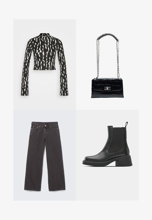 Monki Langarmshirt - black; Schwarze Jeans mit weitem Bein aus Denim, ausgestattet mit Kupfernieten, fünf Taschen und einem Knopfverschluss. Weiche, robuste Textur, mit einem geraden Schnitt von der Taille bis zum Saum.; Schwarze Leder-Stiefeletten mit elastischen Seitenpanelen, abgerundetem Zehenbereich und einem klobigen Blockabsatz. Glatte Textur mit einem minimalistischen Design.; Schwarze Handtasche aus Krokodilleder mit silbernem Drehverschluss und langem silbernem Kettenriemen mit Leder-Schulterpolster.