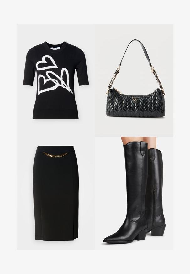 Sort kortærmet sweater med tre store hvide hjerter i abstrakt stil på fronten, rund halsudskæring, DKNY-mærke inde i kraven.; Sort blyantskirt med et lille slids, der har en guld kædedetalje ved livet. Lavet af et glat, strækbart stof for komfort.; Høje sorte læderstøvler med spidse tæer, blokhæle og sidelommer med lynlås, båret på ben mod en lys baggrund.; Sort quiltet skuldertaske i læder med guld kæderem og lynlås, med en trekantet Guess logo-plakette på forsiden.
