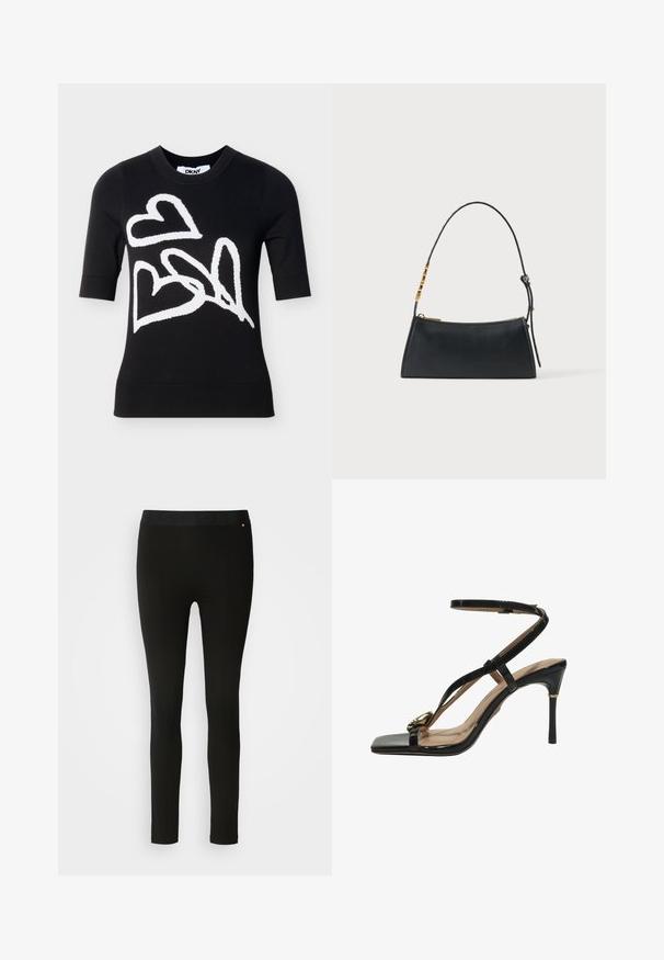 Schwarzer kurzärmeliger Pullover mit drei großen, weiß umrandeten Herzen im abstrakten Stil auf der Vorderseite, Rundhalsausschnitt, DKNY-Etikett im Innenkragen.; Schwarze Leggings mit glatter Textur, ausgestattet mit einem flexiblen Bund und dezenten Nahtdetails. Keine Muster oder Hardware vorhanden.; Schwarze Sandalette aus Lackleder mit hohem Absatz, Knöchelriemen, quadratischer Zehenpartie und goldfarbenem Schnallen-Detail am Vorderfußriemen.; Schwarze Lederhandtasche mit goldenem Reißverschluss und verstellbarem Riemen mit goldenen rechteckigen Details auf weißem Hintergrund.