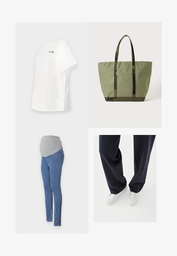 Hvid bomulds t-shirt med korte ærmer, en afslappet pasform, en rund halsudskæring, og sort teksttryk med teksten "LOVELY LEMONADE CLUB."; Graviditetsjeans med en tætsiddende design, blåt denimstof og en blød grå jersey-linning for komfort. Har baglommer og en slim fit.; Hvide sneakers med teksturerede gummisåler og flade snørebånd, kombineret med mørkeblå bukser i løs, glat stof og skræddersyet pasform.; Stor olivengrøn totebag med to lange hanke og mørk, skinnende palietkant på hankene og nederste kant, sat mod en ensfarvet baggrund.