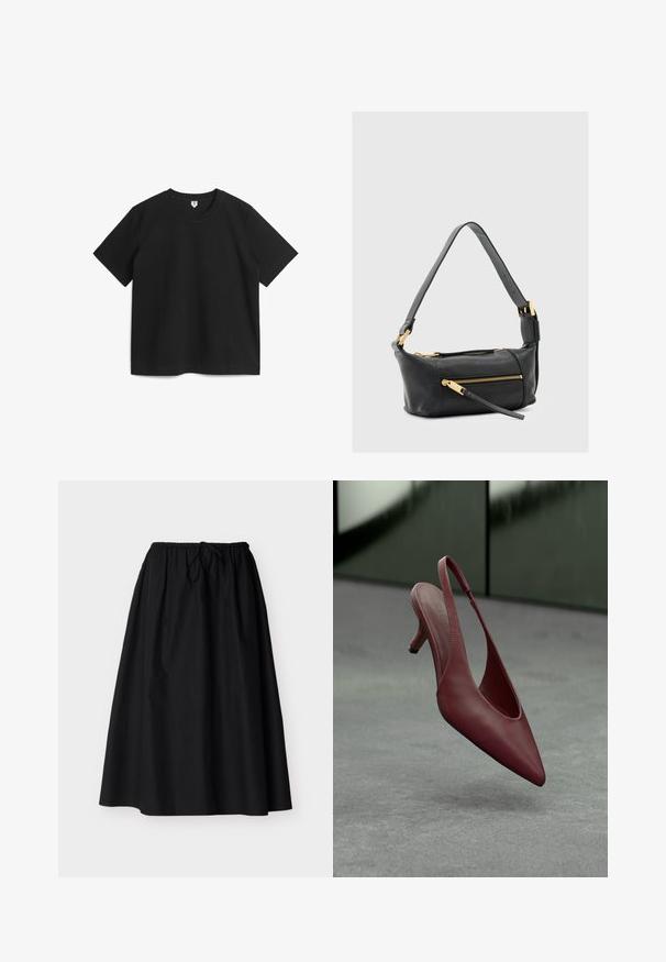 T-shirt noir à manches courtes en coton. Doté d'un col rond et d'une coupe décontractée, sans motifs ni accents. Texture douce.; Jupe midi noire ligne A avec taille élastique et cordon de serrage, tissu léger et texture lisse, présentée sur fond uni.; Escarpin à talon kitten en cuir bourgogne avec bout pointu, flottant au-dessus d'une surface grise texturée devant un mur vert foncé.; Sac à bandoulière en cuir noir avec deux poches zippées, détails en métal doré et une large sangle réglable. Texture lisse et forme rectangulaire.