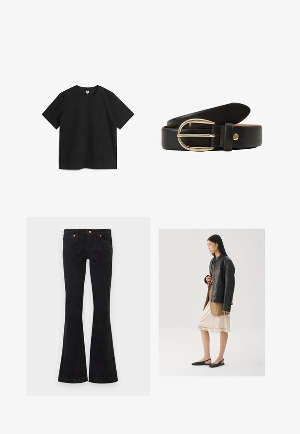 Camiseta negra de manga corta hecha de algodón. Con cuello redondo y un corte relajado, sin patrones ni adornos. Textura suave.; Vaqueros acampanados de pana negra con superficie texturizada. Cuentan con cinco bolsillos y detalles de metal en la cintura y los bolsillos.; Chaqueta de cuero negra sobre una blusa marrón, combinada con un vestido camisón color crema claro con ribete de encaje y zapatos slingback negros.; Cinturón de cuero negro con una textura suave, que presenta una hebilla de metal en tono dorado y un diseño que incluye una pua y un sujetador de correa.