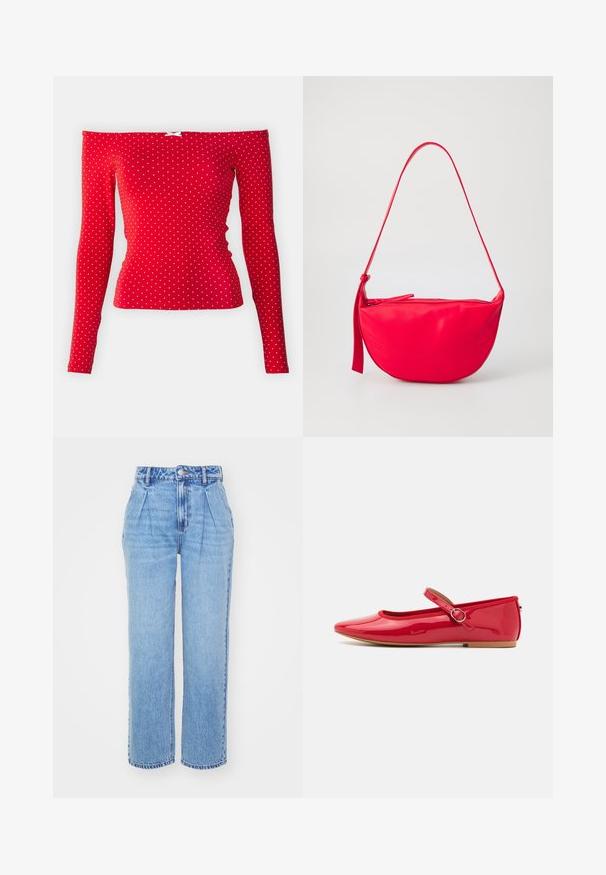 Haut rouge à manches longues, dénudé des épaules, en tissu côtelé, orné de pois blancs et d'un petit nœud blanc près de l'encolure.; Jean en denim bleu clair avec une taille haute, une coupe large et des plis à l'avant. Présente une couture typique et une fermeture à bouton à la taille.; Ballerines en cuir verni rouge avec un bout rond, une sangle élastique avec une boucle ronde, et une semelle plate beige. Surface lisse avec finition brillante.; Sac à épaule en cuir rouge avec une forme courbée, une fermeture éclair et une fine sangle réglable. Texture lisse avec des détails de couture.