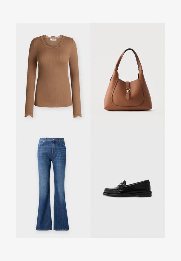 Haut marron côtelé à manches longues avec bordure en dentelle au niveau de l'encolure dégagée et des poignets, coupe ajustée.; Jeans évasés bleus en denim, dotés d'une taille haute, de cinq poches et d'un léger effet d'usure près des coutures.; Mocassins en cuir noir avec un design de type mocassin, caractérisés par un détail de couture au niveau des orteils et un petit accent métallique sur le côté. Semelle en caoutchouc plate.; Sac à main en cuir marron avec finition texturée, forme incurvée, bandoulière unique et détail en métal doré sur le devant.