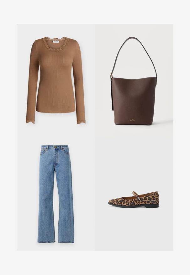 Bruine geribbelde top met lange mouwen en kantafwerking op de ronde hals en manchetten, slim fit.; Lichtblauwe hoge taille straight-leg jeans met een voorknoop, rits en vijf-pocket ontwerp op een effen witte achtergrond.; Leopardprint platte schoen met een ronde neus, een zwarte band over de wreef en een lage zwarte zool. Zachte stoffen textuur.; Bruine leren bucket-tas met een enkele schouderband en een klein gouden "Anna Field" logo onderaan in het midden.
