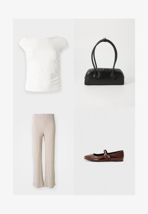 T-shirt blanc cintré à manches courtes avec un col bateau, présenté sur un fond gris clair uni.; Pantalon beige à jambes larges en tissu texturé avec des rayures verticales. Dispose d'une taille élastique et d'une coupe décontractée sur toute la jambe.; Ballerine en cuir verni marron avec un bout carré et une lanière ornée d'une petite boucle dorée. Texture lisse, talon bas et design minimaliste.; Sac à main en cuir noir avec deux anses allongées, fermeture éclair et forme arrondie ; texture lisse avec une finition légèrement brillante.
