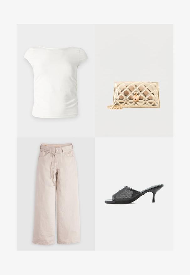 Hvid tætsiddende T-shirt med korte ærmer og bådudskæring, vist mod en ensartet lys grå baggrund.; Lyse beige, vide denimbukser med knaplukning, bæltestropper og forlommer. Glat tekstur med en afslappet pasform.; Sort højhælet mule med mesh-overdel og spids kattehæl, åben tå og glat sål mod en ensfarvet hvid baggrund.; Guldmetallic quiltet clutch-taske med hjerteformet lås og tilknyttet guldkæde på hvid baggrund.