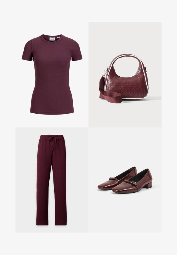 T-shirt côtelé ajusté à manches courtes couleur prune foncée avec col rond et étiquette avant indiquant la marque JJXX et la taille 5.; Pantalon bordeaux texturé avec jambes droites et taille élastique munie d’un cordon de serrage assorti.; Paire de chaussures brillantes rouge foncé à petits talons avec une petite bride à boucle sur le dessus, posées sur un fond gris clair uni.; Sac à main en cuir tressé marron foncé avec poignée courbée, garniture blanche, fermeture éclair argentée et bandoulière large en tissu amovible sur fond uni.