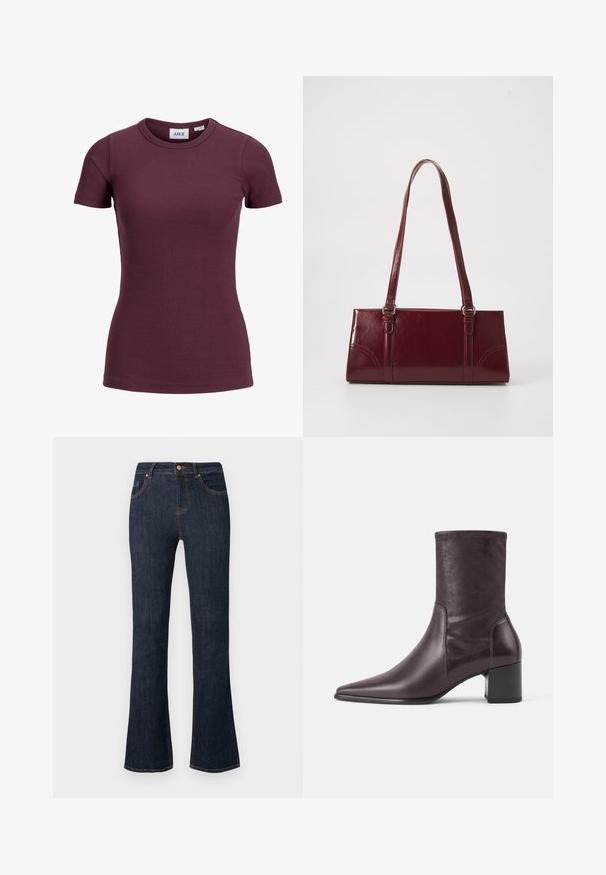T-shirt côtelé ajusté à manches courtes couleur prune foncée avec col rond et étiquette avant indiquant la marque JJXX et la taille 5.; Jean denim bleu foncé taille haute avec poches avant, fermeture par boutons et jambes légèrement évasées, présenté sur un fond uni.; Botte en cuir brun foncé mi-mollet avec un bout pointu et un talon bloc, finition lisse, et détails de coutures le long des côtés.; Sac à main bordeaux en matériau brillant, de forme rectangulaire, avec deux anses et des accents légèrement courbés à l'avant.