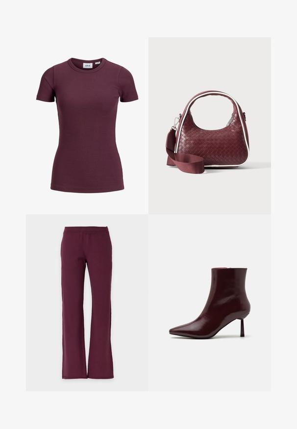 Korte mouw aansluitend geribd t-shirt in donker pruim met ronde hals en voorlabel met merk JJXX en maat 5.; Rechte broek in effen donker bordeaux met elastische tailleband, gemaakt van zachte stof.; Bordeaux patentleren enkelboot met een spitse neus en een slanke stilettohak, met een gladde, glanzende textuur en een minimalistisch ontwerp.; Donkerrode geweven leren handtas met gebogen handvat, witte bies, zilveren rits en afneembare brede stoffen schouderriem tegen een effen achtergrond.