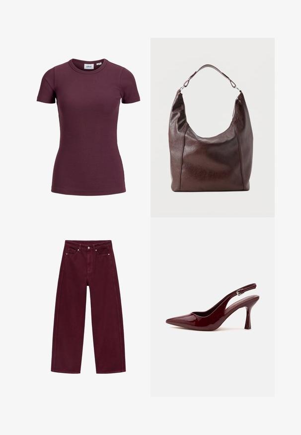 Kortærmet tætsiddende ribbet t-shirt i mørk blommefarve med rund halsudskæring og frontmærke med mærket JJXX og størrelse 5.; Bordeaux bredde ben jeans lavet af bomuldsdenim, med fire-pocket design og metalknap lukning med matchende syninger.; Skinnende mørkerød spids tå slingback højhælet sko med en tynd justerbar rem og spids stilethæl på hvid baggrund.; Mørkebrun læder skuldertaske med en enkelt justerbar rem, en let buet top og en lynlåslukning på den ene side.
