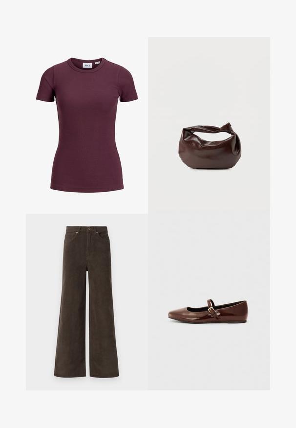 Korte mouw aansluitend geribd t-shirt in donker pruim met ronde hals en voorlabel met merk JJXX en maat 5.; Donkerbruine wijde corduroy broek met voorzakken, riemlussen en een knoopsluiting in de taille.; Bruine gepatineerde leren balletschoen met een vierkante neus en een bandje met een kleine gouden gesp. Gladde textuur, lage hak en minimalistisch ontwerp.; Donkerbruine leren schoudertas met een zachte, slungelige vorm en een gedraaide knoopvormige handgreep op een effen witte achtergrond.