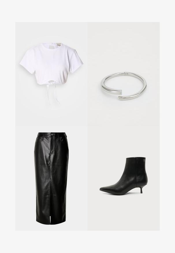 Witte cropped t-shirt gemaakt van gladde stof. Heeft een ronde halslijn, korte mouwen en een trekkoord onderaan voor aanpassing.; Zwarte leren midi rok met een rechte snit, een vent achteraan en een klassieke vijf-pocket ontwerp met metalen hardware accenten.; Zwart leren enkellaars met puntige neus en lage kittenhak op lichte achtergrond, zijaanzicht buitenkant.; Calvin Klein SPIRAL - Armband - silver-coloured