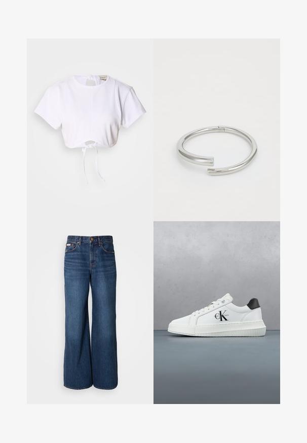 Witte cropped t-shirt gemaakt van gladde stof. Heeft een ronde halslijn, korte mouwen en een trekkoord onderaan voor aanpassing.; Wijdvallende jeans van donkerblauwe denim. Kenmerken zijn een hoge taille, vijf zakken en contrasterende oranje stiksels langs de naden.; Witte lage sneaker met zwarte hiel tab, plateauzool, veters en Calvin Klein "CK" logo aan de zijkant.; Calvin Klein SPIRAL - Armband - silver-coloured