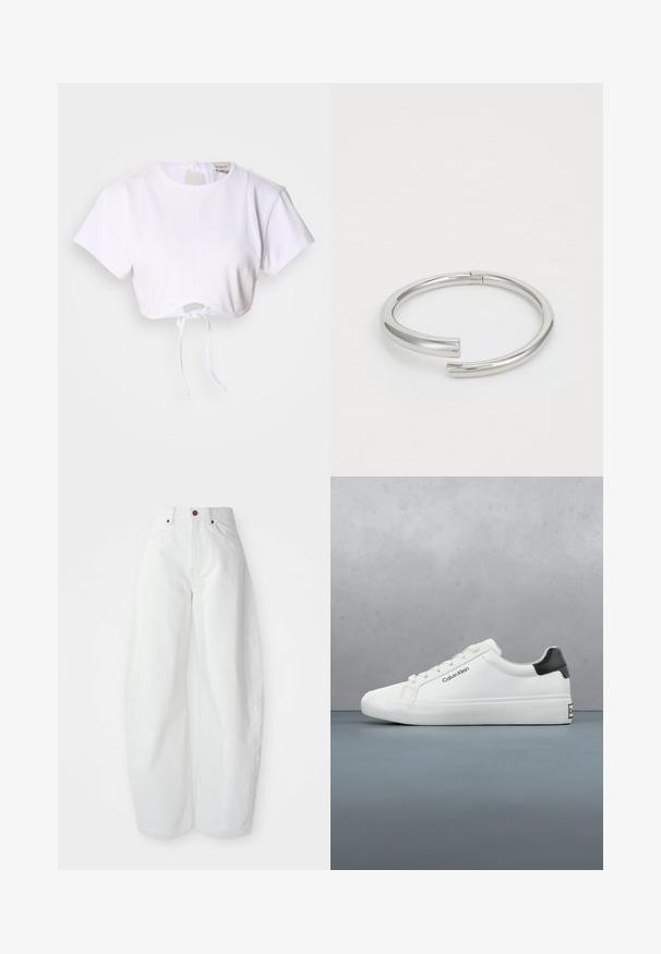 T-shirt blanc court en tissu lisse. Présente un col rond, des manches courtes et un cordon de serrage en bas pour des ajustements.; Pantalons en denim blancs taille haute avec une coupe ample. Dotés d'une fermeture à bouton, de poches latérales et d'un design minimaliste. Texture lisse.; Sneaker blanche avec une finition lisse, accent noir au talon et design à lacets. Présente le logo "Calvin Klein" sur le côté. Style minimaliste.; Calvin Klein SPIRAL - Bracelet - silver-coloured