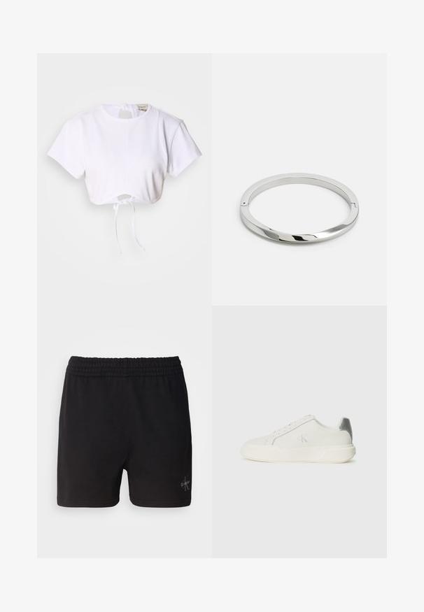 Hvid cropped t-shirt lavet af glat stof. Den har en rund halsudskæring, korte ærmer og en justerbar snoretræk i bunden.; Sorte bomuldsshorts med elastisk talje og Calvin Klein-logo i sølv i nederste højre hjørne. Glat tekstur.; Hvide sneakers lavet af læder med en glat tekstur, forsynet med en sølvaccent på hælen, flad sål og minimalistisk design.; Stålmetalarmbånd med en glat, skinnende overflade og flade kanter. Har et åbent cirkulært design med en subtil låse detalje.
