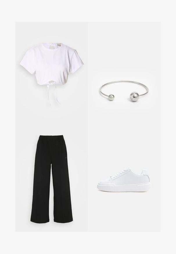 Weißes, kurzes T-Shirt aus glattem Stoff. Mit rundem Ausschnitt, kurzen Ärmeln und einem Kordelzug am Saum zur Anpassung.; Schwarze weit geschnittene Hose mit einem elastischen Bund. Hergestellt aus einem weichen, leichten Material. Mit vertikalen Nähten an der Vorderseite.; Weißer Sneaker mit niedrigem Schaft, Schnürverschluss, dicker Sohle und glattem Obermaterial, von der Außenseite vor einem einfarbigen hellen Hintergrund gezeigt.; Silberner Metallarmreif mit zwei kugelförmigen Akzenten an jedem Ende, glatte Oberfläche, offenes Design und schlanker, minimalistischer Form.