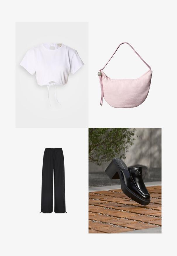 Hvid cropped t-shirt lavet af glat stof. Den har en rund halsudskæring, korte ærmer og en justerbar snoretræk i bunden.; Sorte brede bukser lavet af letvægtsstof. De har en elastisk talje med snøre og justerbare manchetter ved sømmene.; Sort læder Calvin Klein slip-on mule med blokhæl, der hviler på trætøj udendørs nær en grøn plante og en grå væg.; Blød lyserød skuldertaske i halvmåneform med justerbar snorrem, metalstopper og diskret præget "cK" logo midt foran.