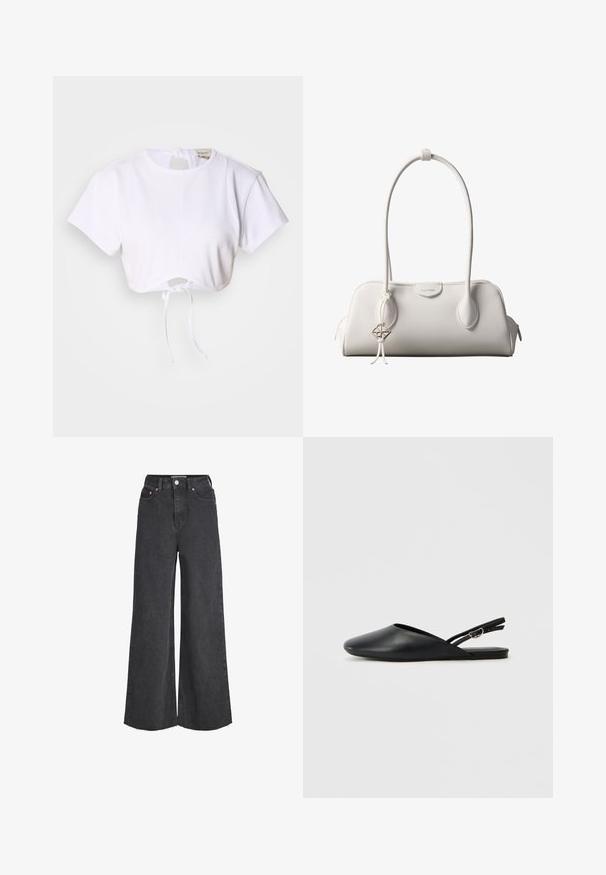 Hvid cropped t-shirt lavet af glat stof. Den har en rund halsudskæring, korte ærmer og en justerbar snoretræk i bunden.; Sorte jeans med høj talje og vide ben, lukkes foran med knap og lynlås, forlommer og frynset kant.; Sorte læderslippers med spids tå, buet design og justerbar spænde. Glat tekstur, flad sål, minimalistisk detaljering.; Hvid Calvin Klein skuldertaske med lange håndtag, rektangulær form, lynlåslukning og dekorativt logohæng tæt på håndtaget.