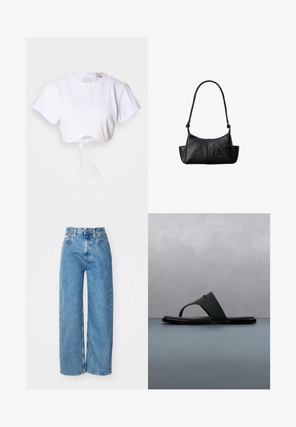 Witte cropped t-shirt gemaakt van gladde stof. Heeft een ronde halslijn, korte mouwen en een trekkoord onderaan voor aanpassing.; Lichtblauwe denim wijde jeans met hoge taille, rafelrand en vijf zakken. De verslete textuur voegt diepte toe aan de stof.; Zwarte Calvin Klein teenslipper die boven houten latten zweeft met kleine stenen eromheen, buiten met wazige groene planten en een betonnen muur op de achtergrond.; Zwarte leren schoudertas met lange band, zijvakjes en een reliëflogo van Calvin Klein aan de voorkant.