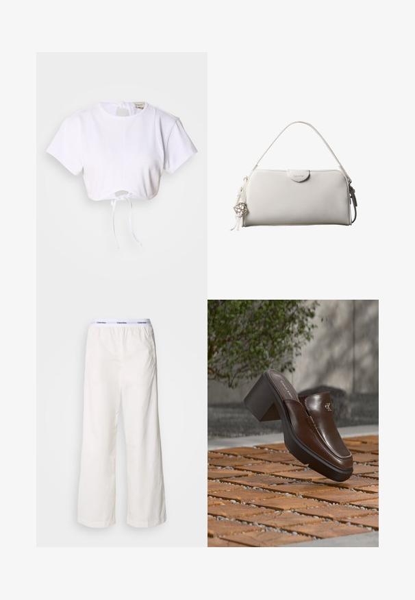 T-shirt blanc court en tissu lisse. Présente un col rond, des manches courtes et un cordon de serrage en bas pour des ajustements.; Pantalons larges blancs avec une taille élastique arborant un logo Calvin Klein en contraste. Fabriqués à partir d'un tissu lisse, ils offrent une coupe décontractée.; Mule à talon en cuir marron Calvin Klein flottant au-dessus d'un sol en carrelage en bois avec en arrière-plan une plante verte et un mur flous.; Sac à main rectangulaire blanc Calvin Klein avec une seule poignée, design minimaliste et pampilles décoratives avec un charm métallique géométrique sur le côté.