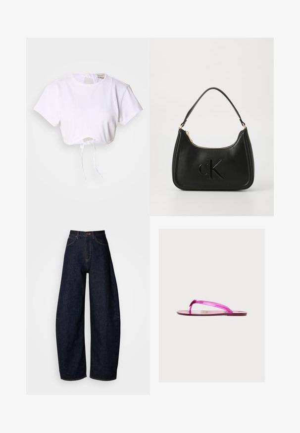 Witte cropped t-shirt gemaakt van gladde stof. Heeft een ronde halslijn, korte mouwen en een trekkoord onderaan voor aanpassing.; Donkerblauwe wijde jeans van denim, met een hoge taille, rechte snit, vijf zakken en contrasterende stiksels.; Platte paarse teenslipper met een doorschijnend bandje en een kleine decoratieve bloem op het teenstuk, zijaanzicht op een witte achtergrond.; Zwarte leren handtas met een gebogen vorm, voorzien van een gouden rits en een subtiel geperst "cK" logo. Gladde textuur en een enkele handvat.