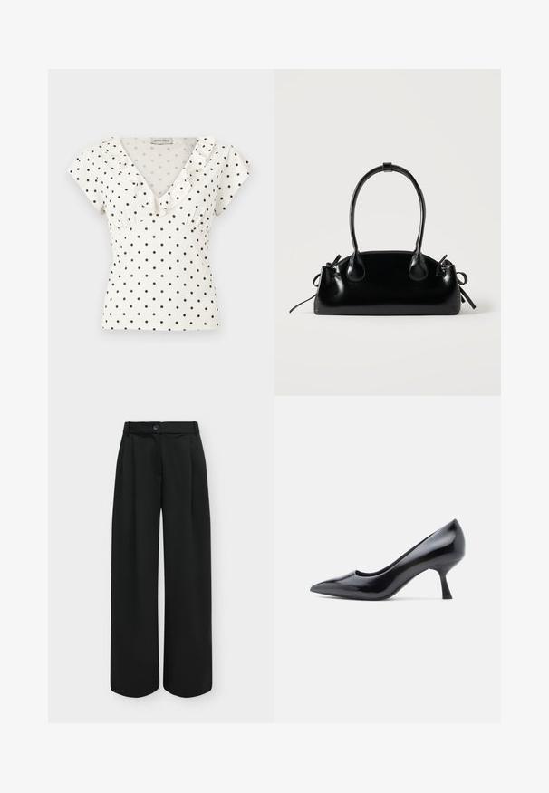 Blouse blanche à manches courtes avec des pois noirs, encolure en V et un bord à volants le long du col.; Pantalon noir taille haute à jambes larges avec un bouton sur le devant et une fermeture éclair dissimulée sur un fond clair uni.; Escarpin en cuir verni noir avec bout pointu et talon aiguille de hauteur moyenne. Texture lisse et design minimaliste sans ornements visibles.; Petit sac à main noir brillant avec deux longues anses et des détails à cordon sur les côtés sur un fond clair uni.