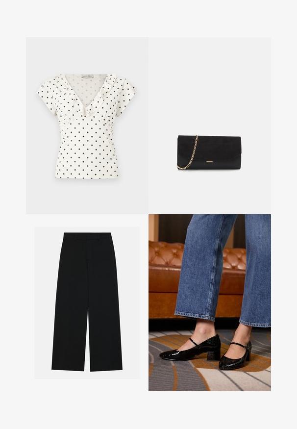 Blusa blanca de manga corta con lunares negros, escote en V y volante en el borde del cuello.; Pantalones negros de pierna ancha hechos de una tela suave. Presentan una cintura plana con pasadores de cinturón y sin bolsillos visibles. Diseño sencillo.; Zapatos de charol negros con punta afilada, tacón cuadrado y correa en el tobillo, llevados con jeans de pierna ancha, sobre una alfombra estampada.; Bolso de mano negro hecho de ante con un acabado texturizado, que presenta una cadena dorada y un diseño elegante y angular.