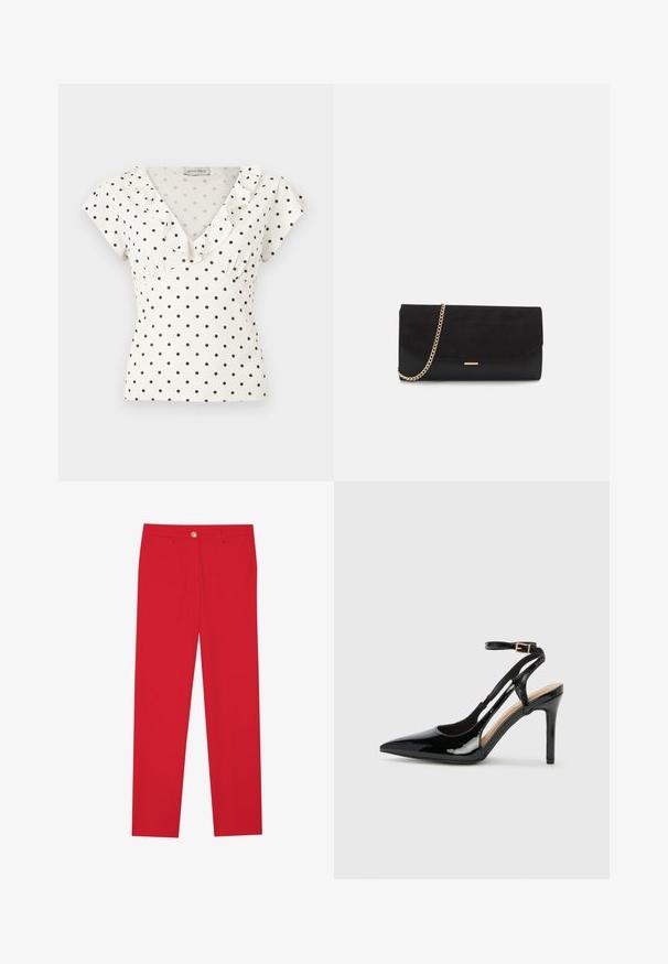 Blouse blanche à manches courtes avec des pois noirs, encolure en V et un bord à volants le long du col.; Pantalons rouges avec une coupe droite, devant plat, fermeture à un bouton et deux poches latérales. Tissu lisse sans motifs ni accents visibles.; Escarpin en cuir verni noir à talon haut, avec un bout pointu, une bride réglable à la cheville et des côtés ouverts. Texture lisse.; Porte-monnaie noir en daim avec une finition texturée, doté d'une chaîne dorée et d'un design épuré et angulaire.