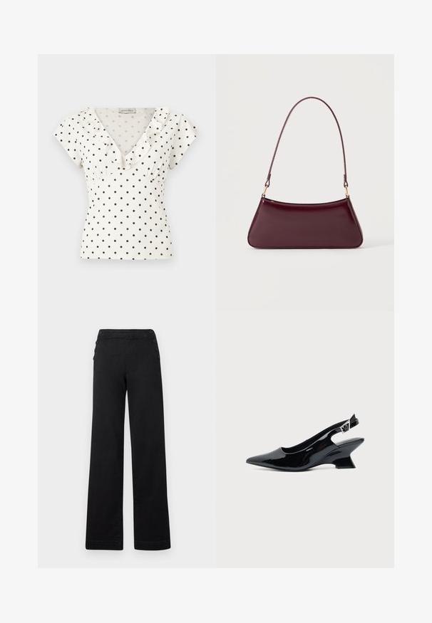 Blusa blanca de manga corta con lunares negros, escote en V y volante en el borde del cuello.; Pantalones de pierna ancha negros con cintura alta, detalles de botones en los laterales y una textura de denim suave con un acabado limpio.; Zapato slingback de cuero charol negro con puntera puntiaguda y tacón bajo en bloque inclinado sobre fondo claro liso.; Bolso brillante de color burdeos oscuro con un asa fina y única y una forma elegante de trapecio sobre un fondo claro y liso.