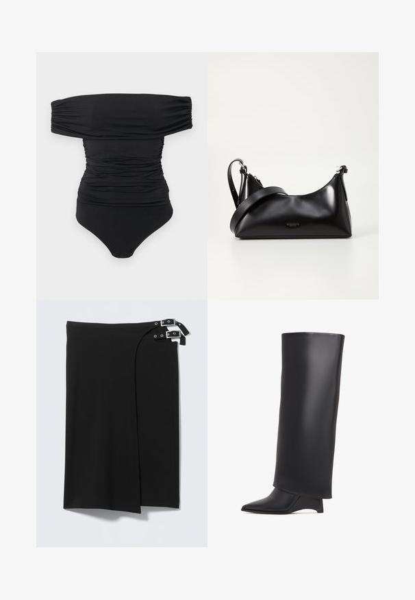 Sort off-shoulder ruched bodysuit med trykknapper i skridtet, lagt fladt på en hvid baggrund.; Sort omslagsnederdel med to sølvspænder på højre side, med lige pasform og knælængde.; Sort knælang støvle lavet af glat læder, med spids tå og trekantet hæl. Designet med en strømlinet, glat overdel.; Sort læderhåndtaske med en glat tekstur. Har en justerbar stropp og et enkelt, minimalistisk design med lynlås.