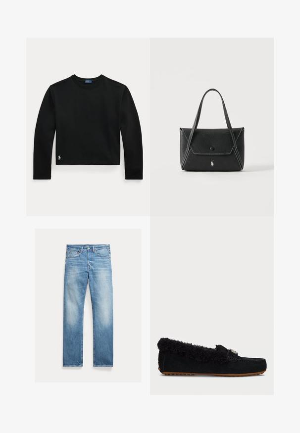 Must musta pika varrukaga särk ümar kaelusega, millel on väike valge Polo Ralph Laureni logo tikitud vasaku alumise serva lähedal.; Hele sinised sirge säärega teksapüksid kergelt kulunud efektiga, viie taskuga ja nähtava Polo kaubamärgi sildiga vöökohal.; Must have musta sünnipäev kingad mustast seemisnahast pehme ja karvase kraega, kummist tallaga ja hõbedaste detailidega. Omab tasast disaini ja tekstuurset detaili.; Mustast nahast käekott kahe sangaga, esiklapiga, millel on nööbi sulgur, valged õmblused ja väike hobuse logo ühevärvilisel taustal.