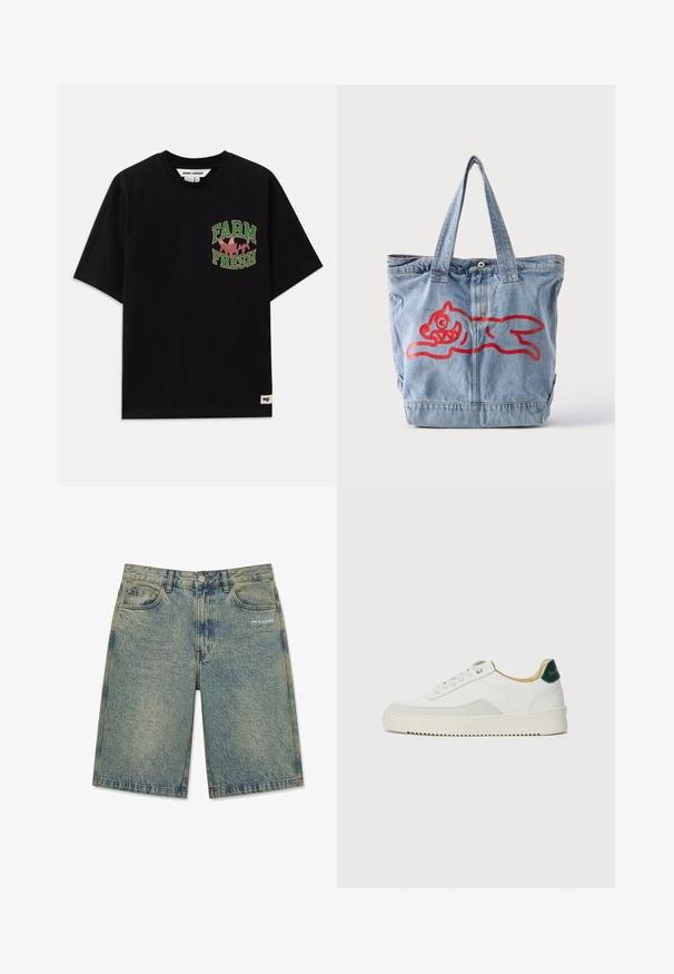 Schwarzes Baumwoll-T-Shirt mit einem grafischen Druck in grün und pink, der "FARM FRESH" sagt, mit lockerer Passform und kurzen Ärmeln.; Hellblaue Denim-Shorts mit ausgewaschenem Finish, Vordertaschen, Gürtelschlaufen, Knopfverschluss und „PEGADOR“-Logo auf der rechten Vordertasche.; Weiße Sneaker mit Wildlederelementen, runder Zehenpartie, flachen Schnürsenkeln und einer cremefarbenen Gummisohle. Mit grünen Markenlogo am Fersenbereich.; Hellblauer Denim-Shopper mit zwei Griffen und einer roten Umrisszeichnung eines laufenden Comic-Tieres auf der Vorderseite.